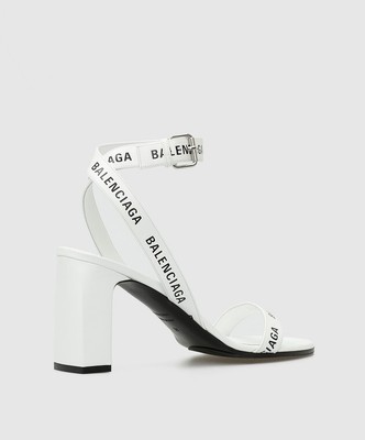 Pre-owned Balenciaga Calfskin Logo Block Heel Sandal 'white' In White,black