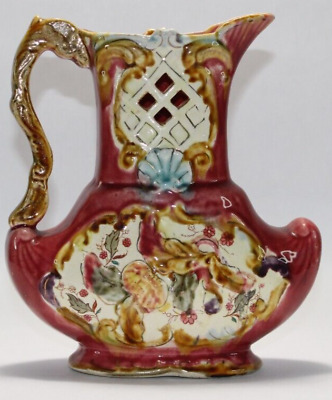 Antique c.1900 Red Karlsruche Germany Grand Ducal Majolica Vase Floral 727 8''