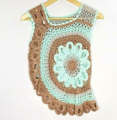 Handmade Crochet Lace Floral Hippy Chic Boho Festival Aqua Brown Unique