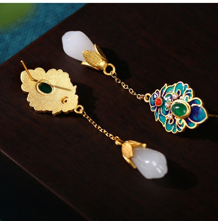 Jade Drop Dangle Earrings Bohemian Cloisonne Gemstone 18K White Gold Plated
