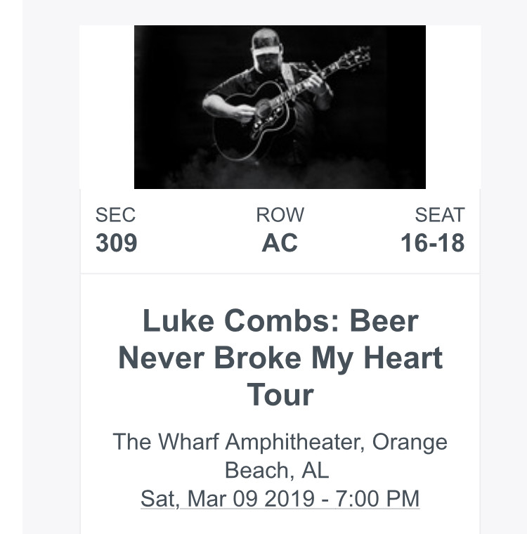 3 Luke Combs tickets 3/9 at Orange Beach, AL