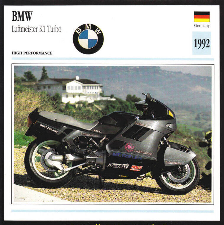 1992 BMW Luftmeister K1 Turbo 1000 (987cc) Motorcycle Photo Spec Sheet Info Card