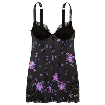 Victoria's Secret Stretch Satin Corset Mini Slip S *Black Electric Blooms* NEW!