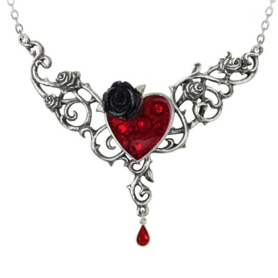 ALCHEMY BLOOD ROSE HEART NECKLACE Statement Large Red Heart Gothic Black Rose 