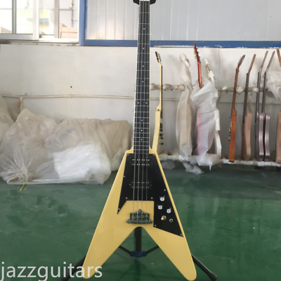 Unbranded 4-String Cream Yellow Electric Bass Guitar Flying V  Ebony Fretboard