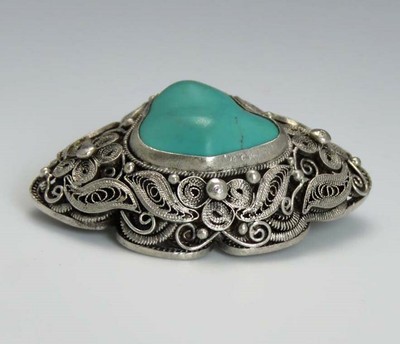Late 1800's/Early 1900's Chinese Export Silver Turquoise Filigree Pin