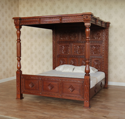 Mahogany Four Poster Bed Hand Carved Tudor Style Antique Repro 4 6