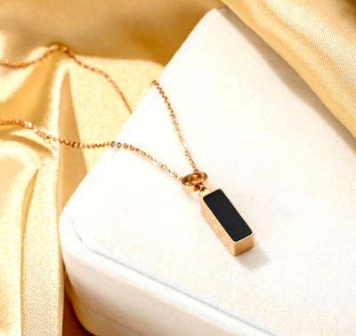 Titanium Gold Full-side CC 3D Cube Rectangle Black Onyx Pendant Chain Necklace