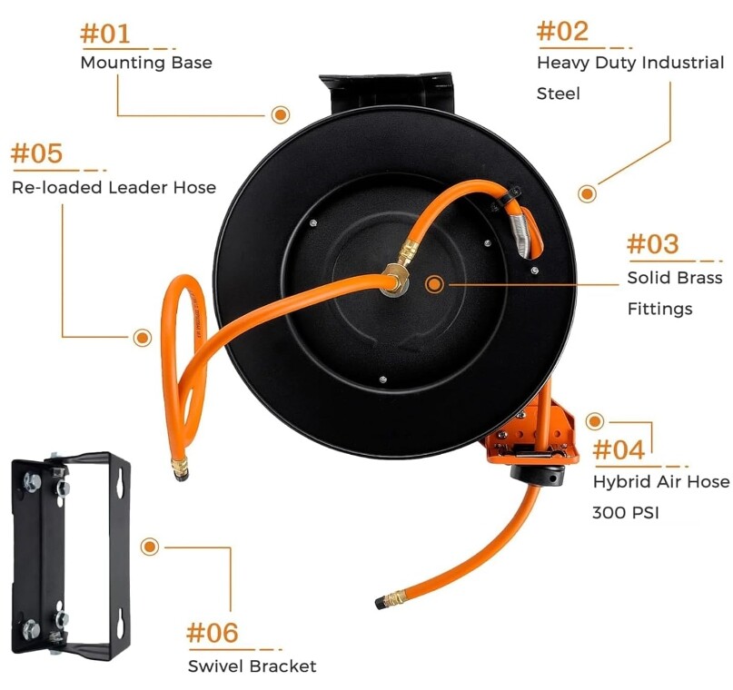 Giraffe Tools Retractable Air Hose Reel Air Compressors Hose 3/8 in x 50 ft NEW