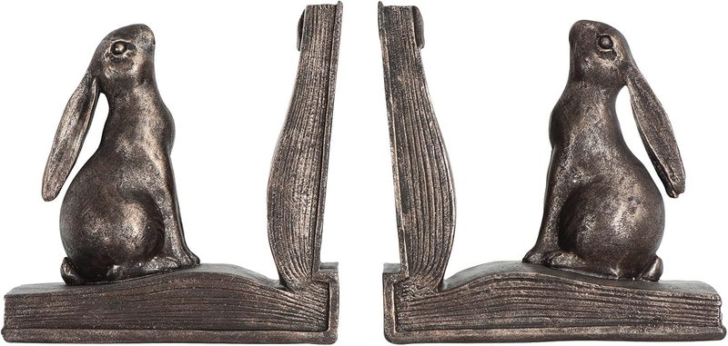 Decorative Rustic Resin Rabbit on Book Bookends, Bronze, Set of 2