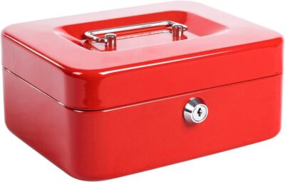 New Security Box Safe Chest Key Lock Cash Money Document Jewelry Steel Med, Red