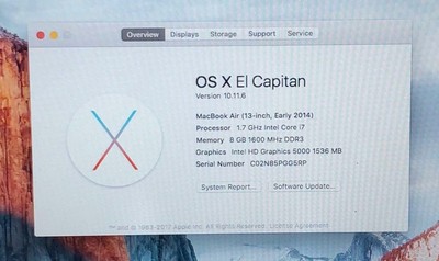 Apple MacBook Air 2014 A1466 i7-4650U 1.7GHz 8GB 256GB SSD - BAD BATT #27185