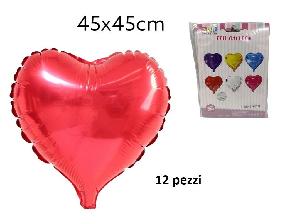Set 12 Pezzi Palloncini Foil Balloon A Forma Di Cuore 45x45cm Rosso bal