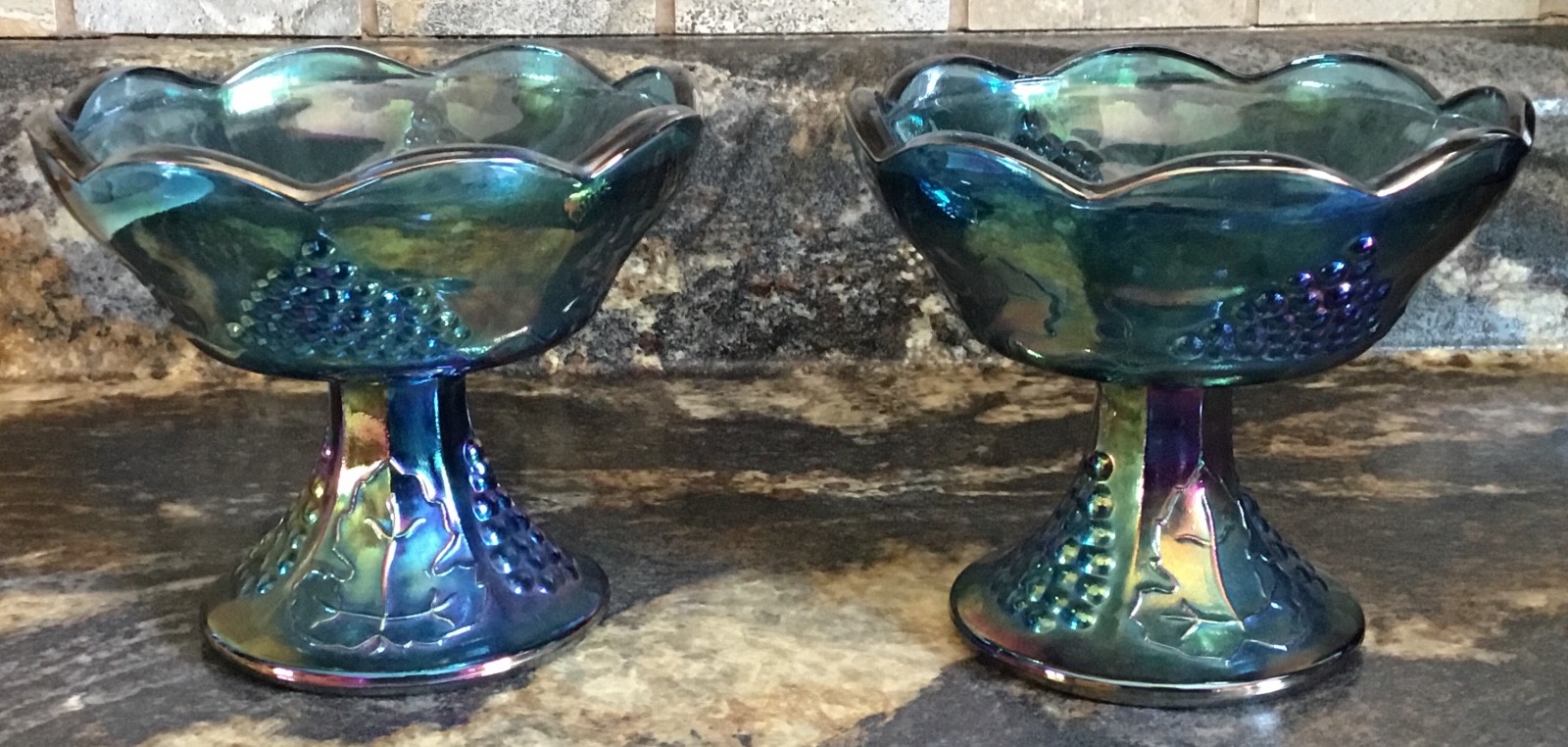 PAIR VINTAGE INDIANA BLUE CARNIVAL GLASS CANDLE HOLDERS HARVEST GRAPE