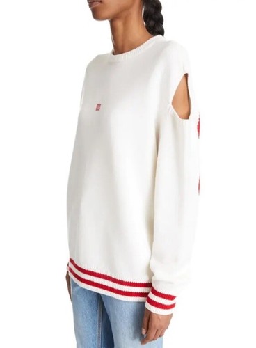 Pre-owned Givenchy $1585  Cold Shoulder Intarsia Wool Cashmere Blend Sweater White Red M