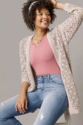 Francesca's Alya Women's Beige Open Front Tan Cardigan Sweater Pockets Size S