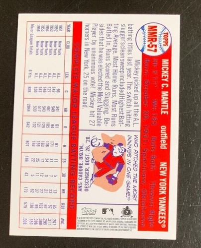 2007 TOPPS MICKEY MANTLE MMR-57 GAME USED MEMORABILIA RELIC CARD NY YANKEES