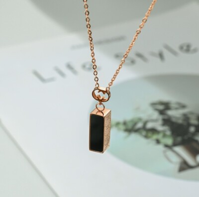 Titanium Gold Cube Rectangle Black Onyx 3D Full-side CC Pendant Chain Necklace