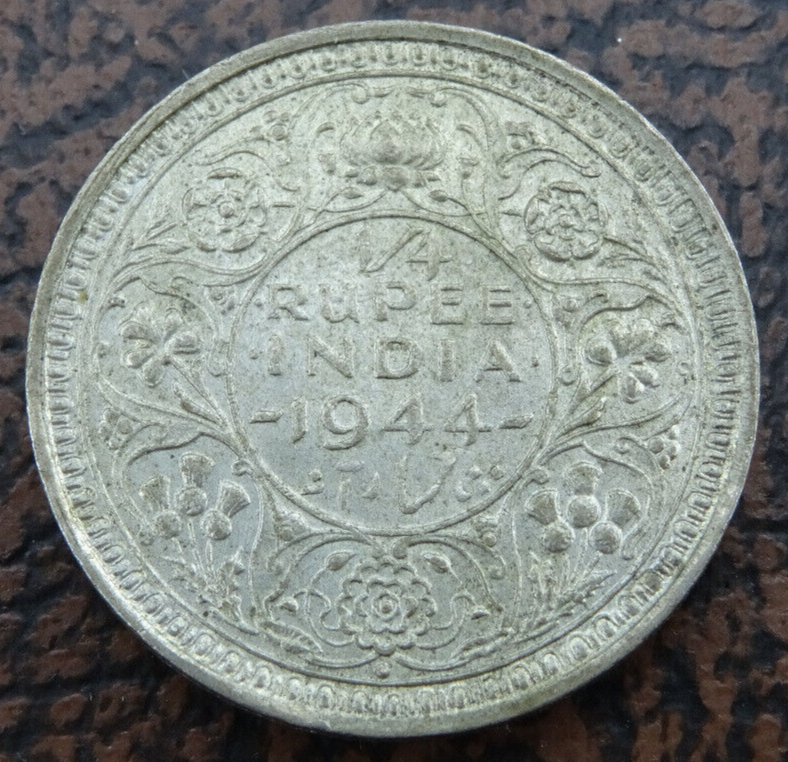 1944 India 1/4 Rupee George VI .500 Silver Coin KM #547