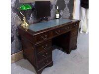 Fantastic Chesterfield Double Pedestal Writing Desk Blue Leather Top - UK Delivery