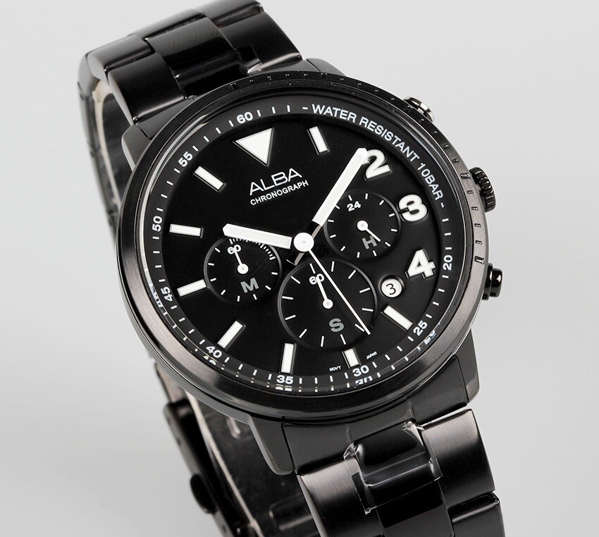 Pre-owned Seiko Alba At3f43x Black Stainless Steel Quartz 100m Wr Mens Chronograph Watch