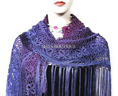 Pre-owned Maya Matazaro Crochet Poncho Shawl Top Hand Dyed Magenta Purple Ombree  One Size In Purple Magenta