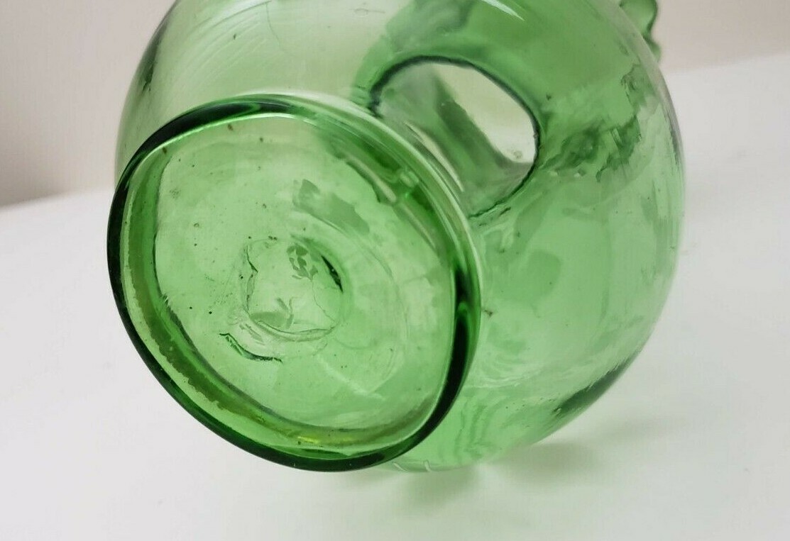 ANTIQUE HAND BLOWN & PAINTED THIN GREEN ART GLASS FLUTED  VASE, EXCELLENT COND.