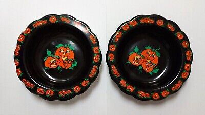 Set of 2 Vintage Plastic Halloween Bowl 3 Pumpkins Black Bowl Berman Industries