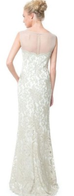 Pre-owned Tadashi Shoji Feather Sheer Illusion Neckline Lace Sleeveless Dress Gown In Ivory Beige