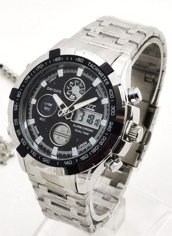 Orologio Polso ZCC 8988 Uomo Quarzo Acciaio Dual Time Silver Nero lac