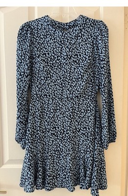NWT Francesca s Mi Ami Blue Animal Print Long Sleeve Ruffle Hem Dress Size Small