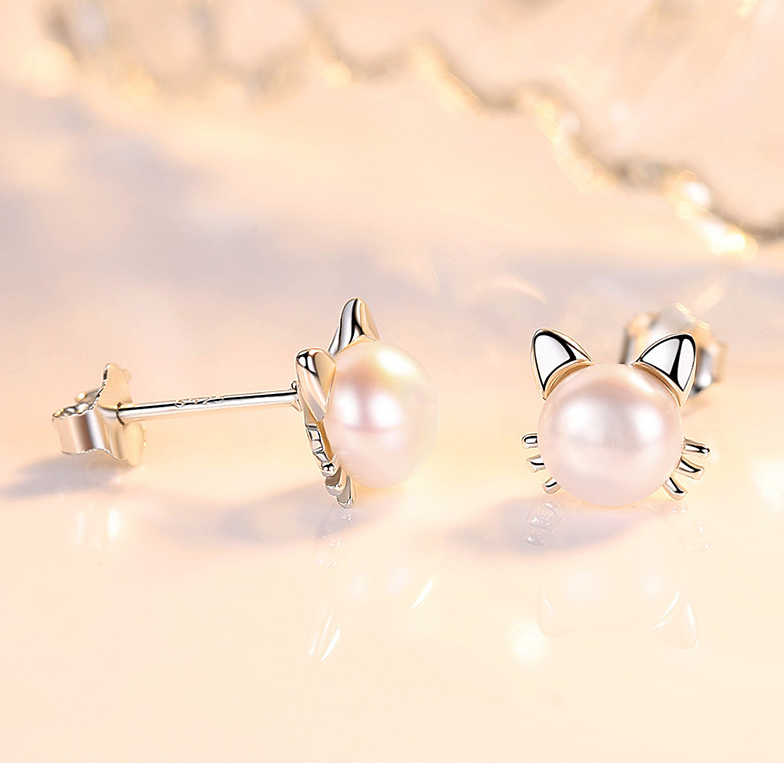 S925 Sterling Silver Kitty Cat White Freshwater Pearl Stud Earrings Gift PE58