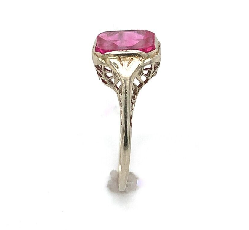 14k White Gold Filigree Ring with Synthetic Lab-Created Ruby