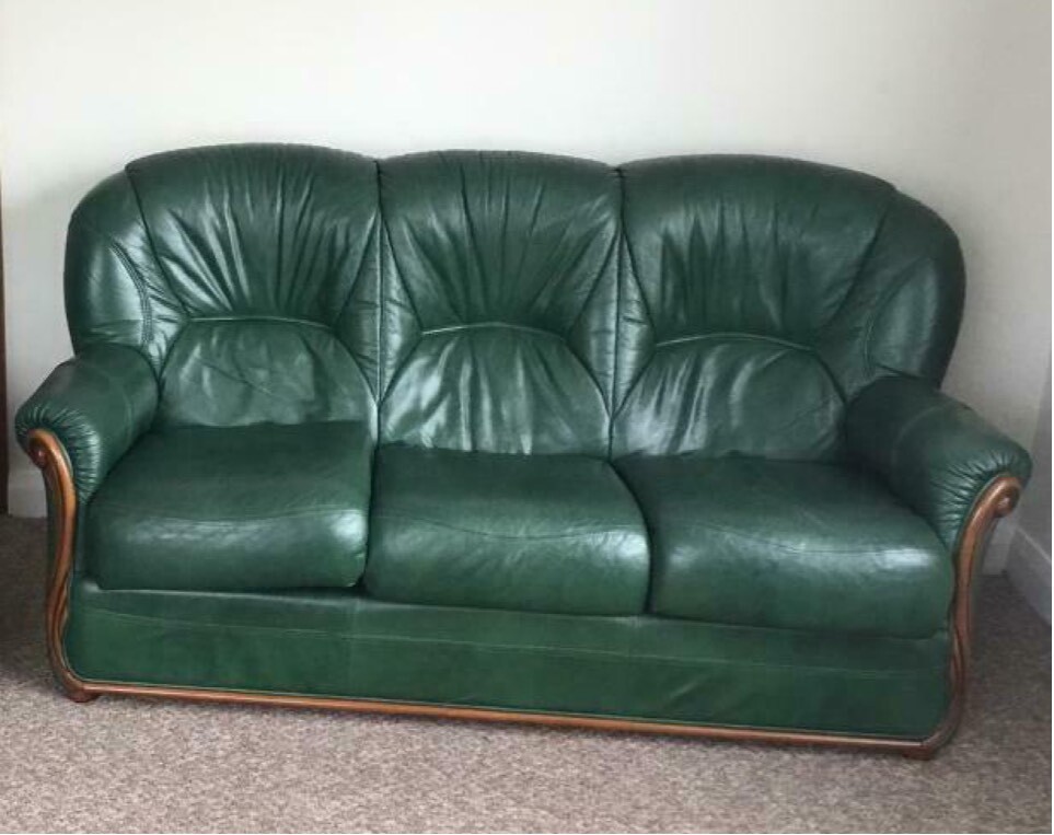 Dark Green Italian Leather 3 Seater Sofa | in York, North Yorkshire