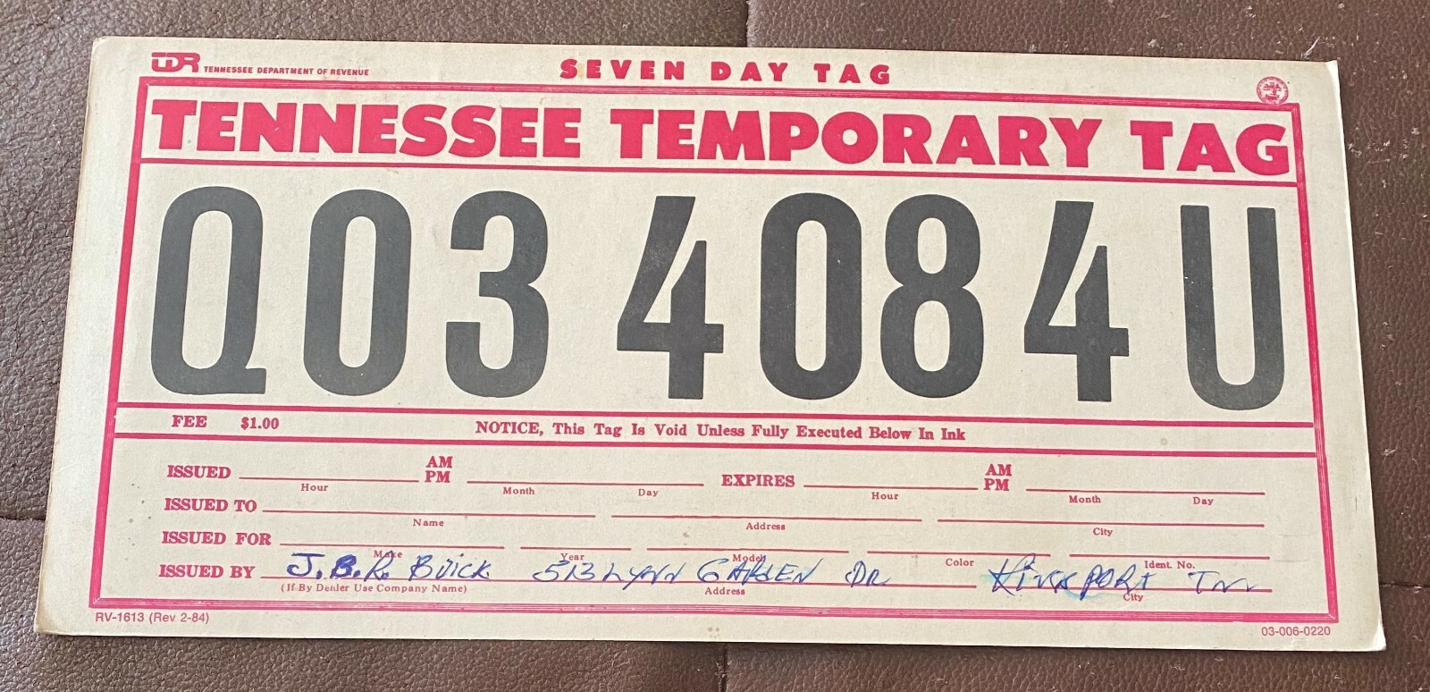 Tennessee 1980's SEVEN DAY TEMPORARY PAPER TAG License Plate Tennessee 1980's SEVEN DAY TEMPORARY PAPER TAG License Plate