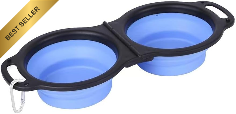 2 in 1 Foldable Double Dog Bowl, Silicone Pet Food Feeder Bowl, Blue