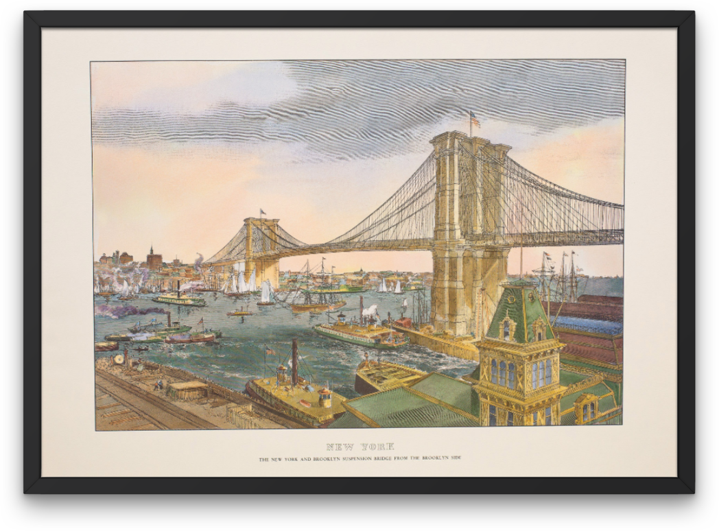 Vintage lithograph print Brooklyn Bridge, New York City