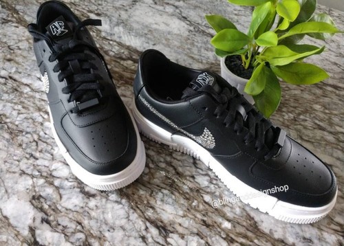 Pre-owned Swarovski Womens Nike Air Force 1 Pixel Black Sneakers Shoes Made With  Crystals