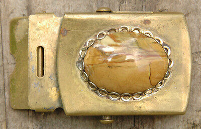 Vintage Brass w Beveled Stone Belt Buckle-US RAU-Great Look-