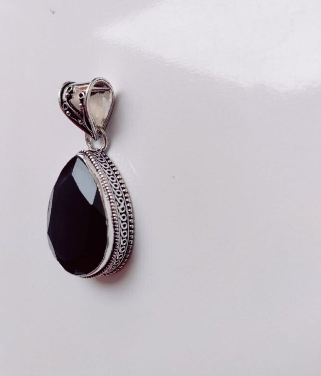 Black Onyx Gemstone 925 Sterling Silver Ethnic Handmade Jewelry Pendant 1.90"