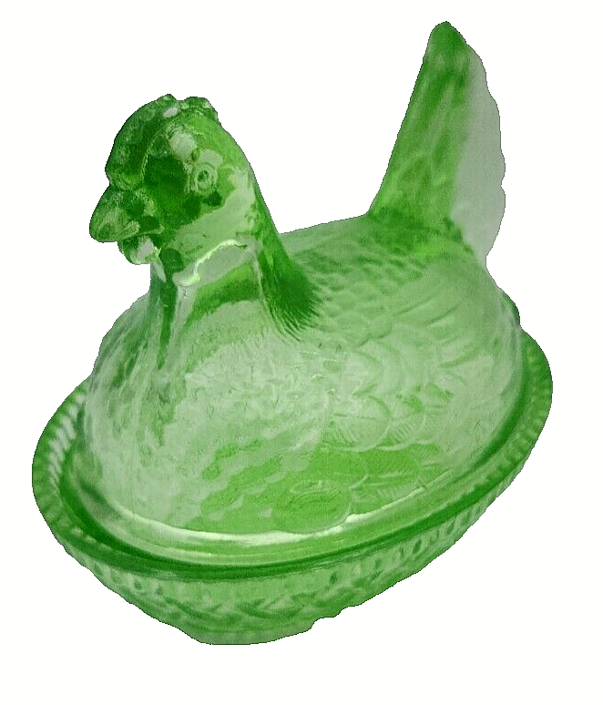 Wilkerson Art Deco Trinket Key Lime Hen Chicken Glow Glass On Basket 3.25" Wide