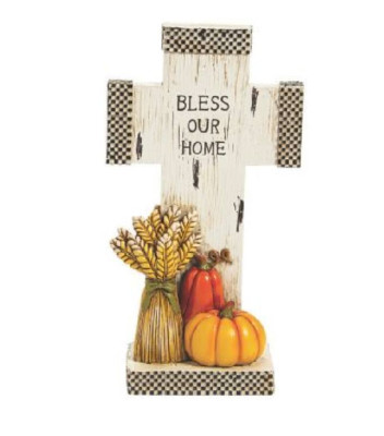 NEW Bless Our Home Cross Fall Harvest Pumpkin Tabletop Decoration 10 x 5.5 in.