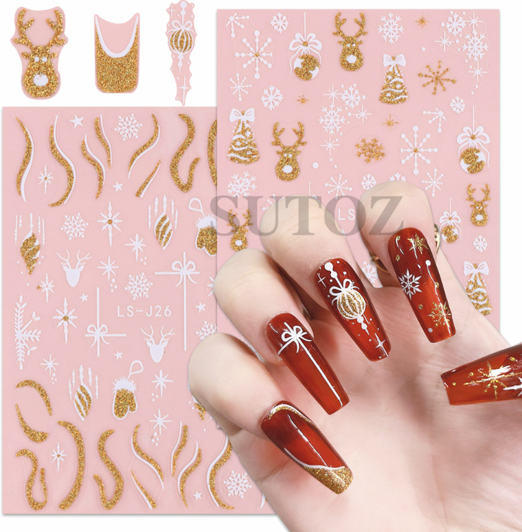3D Christmas Gold Silver Glitter Snowflakes French Nail Art Stickers Decals NS44