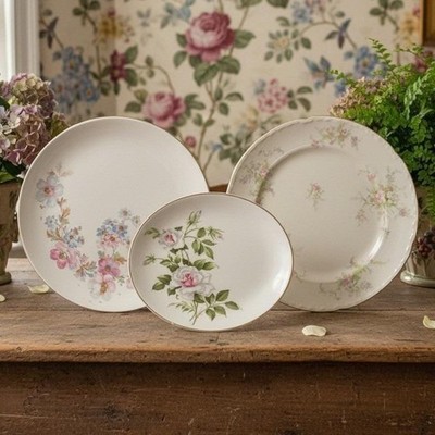 Crooksville China Mismatched Dinner Plates, Set of 3 Roses & Purple/White Floral