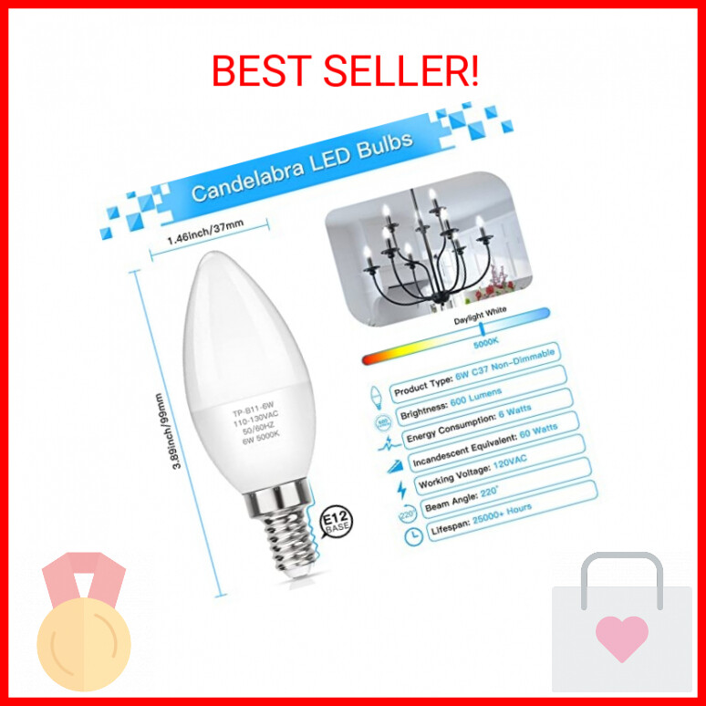 MAXvolador E12 LED Candelabra Light Bulbs 60W Equivalent, 5000K Daylight White 6