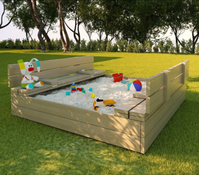 Sandkasten mit Deckel und  Sitzbänken Natur Echtes Holz  Sandbox 120x120 Holz