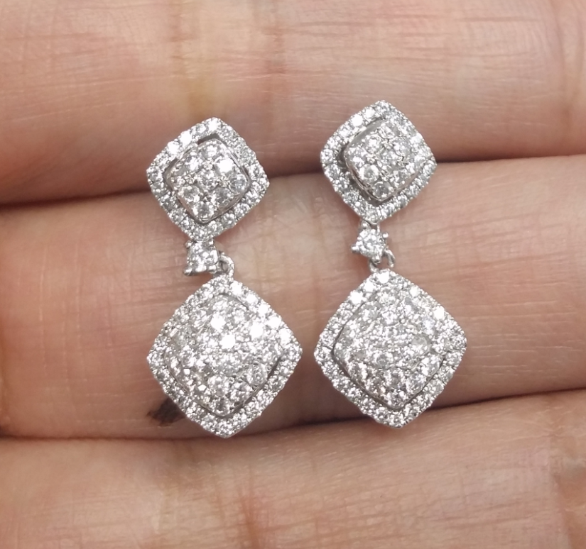 Pre-owned Handmade Deal 1.00ct Natural Round Diamond Cluster Dangle Earrings 14k White Gold 24mm