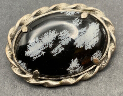 Vintage Brooch Pin Oval  Snowflake Obsidian Stone Sterling Silver