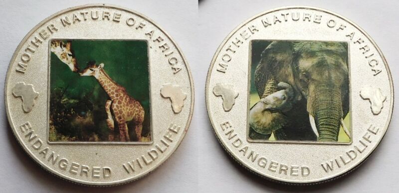 Two 2004 Malawi 10 Kwacha, Africa Endangered Wildlife, Giraffes, Elephants