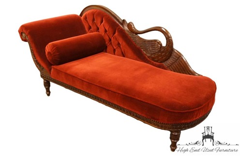 Vintage Ornate Red Upholstered Chaise Lounge w. Swan Detail